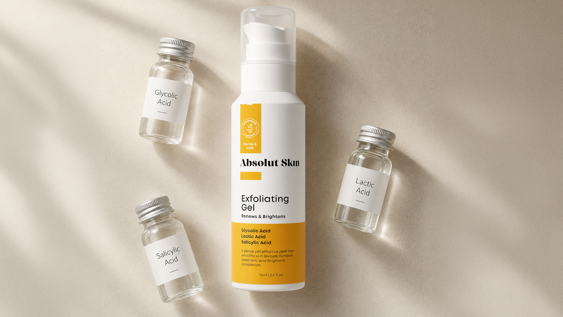 Absolut Skin Exfoliating Gel surrounded by three labeled vials representing glycolic, lactic, and salicylic acid on a warm off-white surface.