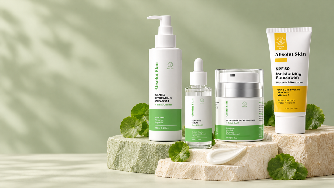 Absolut Skin Gentle Hydrating Cleanser, Soothing Serum, Protective Moisturizing Cream and SPF 50 on sage and cream stone with centella leaves.