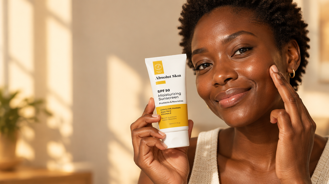 Woman with deep skin holding Absolut Skin SPF 50 Moisturizing Sunscreen, skin glowing with no white cast