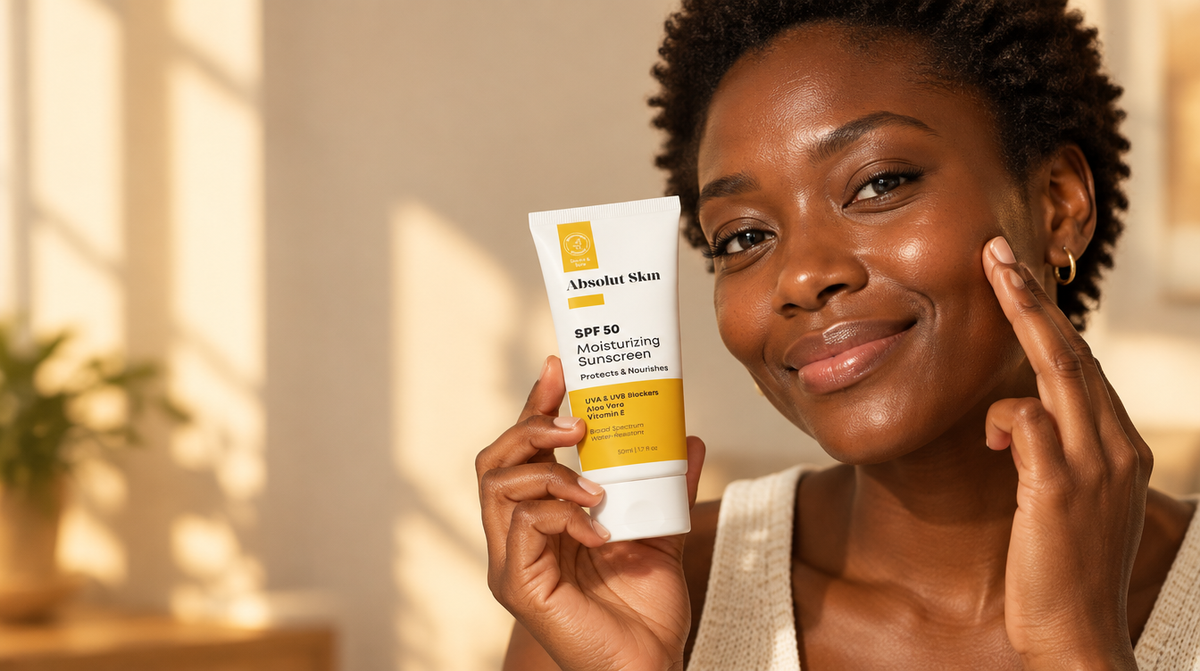 Woman with deep skin holding Absolut Skin SPF 50 Moisturizing Sunscreen, skin glowing with no white cast
