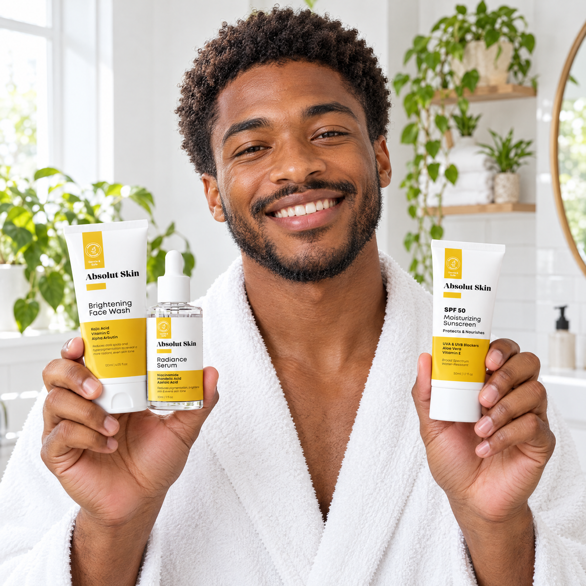 Man smiling holding the Beginner Bundle: Brightening Face Wash, Radiance Serum and SPF 50